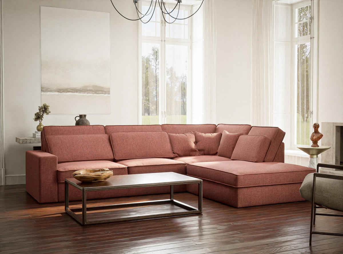 ECKSOFA Kirou Korallenfarbe Webstoff - Rechts Seite - Koralle/Schwarz, Holz/Holzwerkstoff (225/311cm) - Maison de Reve