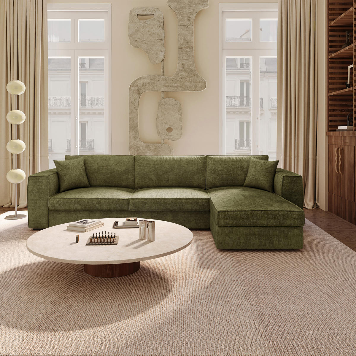 ECKSOFA rechtwinklig MIKA Kettgewebe mit weichem Griff Vintage-Grün 292cm - Dunkelgrün/Grün, Textil (292/100cm) - Premium Interiors