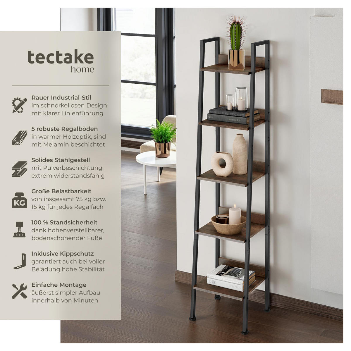 LEITERREGAL Folkestone,inklusive Kippschutz, 35,5 x 31,5 x 170,5 cm,Industrial Holz dunkel, rustikal - Rostfarben, Holzwerkstoff (31.5/170.5/35.5cm) - tectake