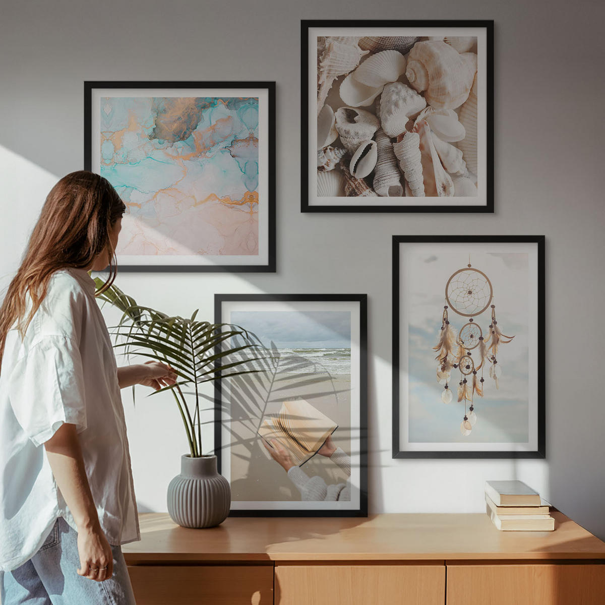 WANDBILDER 4er-Set - 50x50 cm & 40x60 cm Schwarzer Rahmen - Boho-Buch mit Muscheln - Schwarz, Kunststoff (50/50cm) - ArtPrintCave