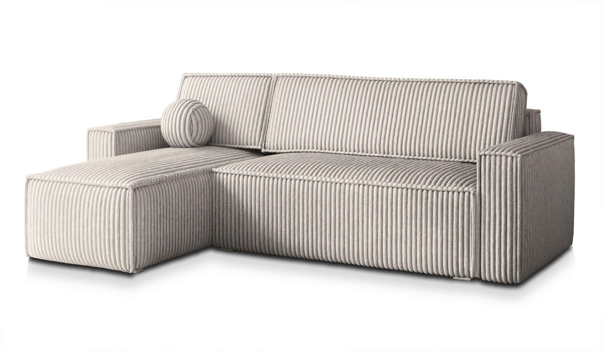 ECKSOFA RAVELO T Hellgrau Kordstoff mit Schlaffunktion - Hellgrau, Holz (240/140cm) - MASSENO