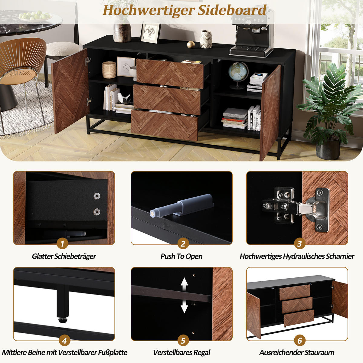SIDEBOARD aus Spanplatte und Metall 145x40x67 cm Eichefarben-Schwarz mit 3 Schubladen, 2 Türen und verstellbaren Einlegeböden - Schwarz, Metall (145/67/40cm) - Modfu
