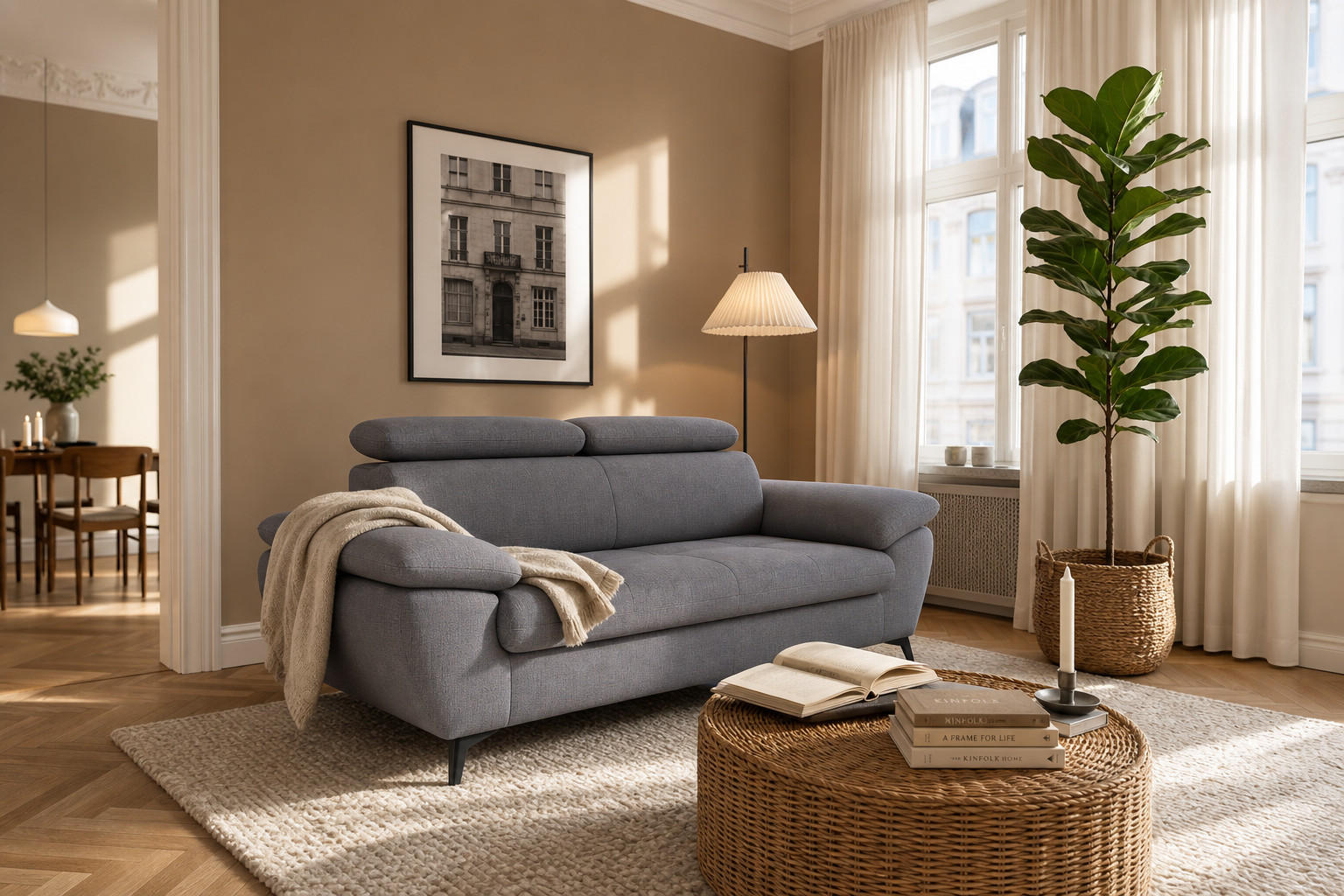 2,5-SITZER Karlstad Chenille Grau verstell. Kopfstützen B 194 cm - Grau, Kunststoff/Textil (194/84/100cm) - foamnova
