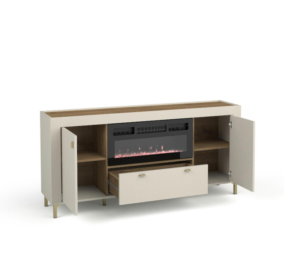 KOMMODE mit Kamin Mossa Kaschmir, Zweitürige Kommode mit Schubladen und LED - Beige/Goldfarben, Holzwerkstoff (177/84/40cm) - Bettso