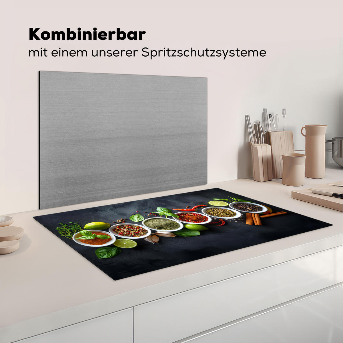 HERDABDECKPLATTE Kräuter - Gewürze - Konkrete Optik - Stilleben Ceranfeldabdeckung 85x52 cm - Multicolor, Kunststoff (85/52/0.2cm) - MuchoWow