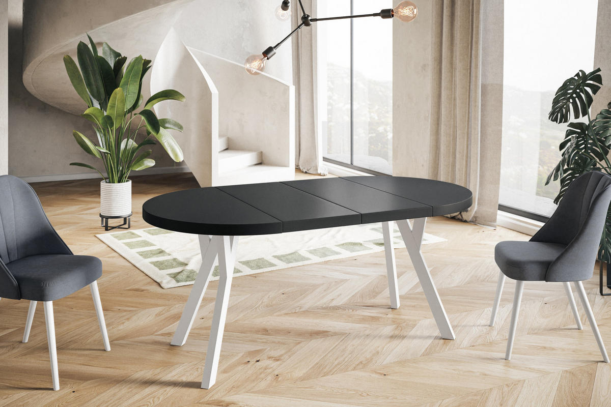 ESSZIMMERTISCH OVO, ausziehbarer Tisch 100 cm bis 200 cm, Farbe: Schwarz, mit Holzbeinen in Farbe Weiß - Schwarz/Weiß, Holzwerkstoff (100/100/77cm) - Alpi-Möbel