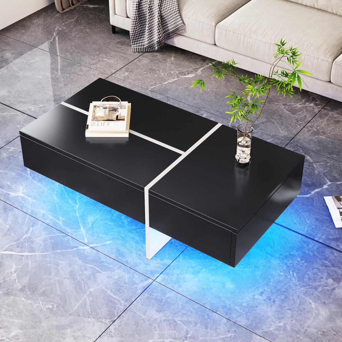 COUCHTISCH 100/50/34,5 cm in Schwarz Hochglanz mit 3 Schubladen und LED-Beleuchtung - Schwarz, Holzwerkstoff (100/50/34.5cm) - Flora Grace
