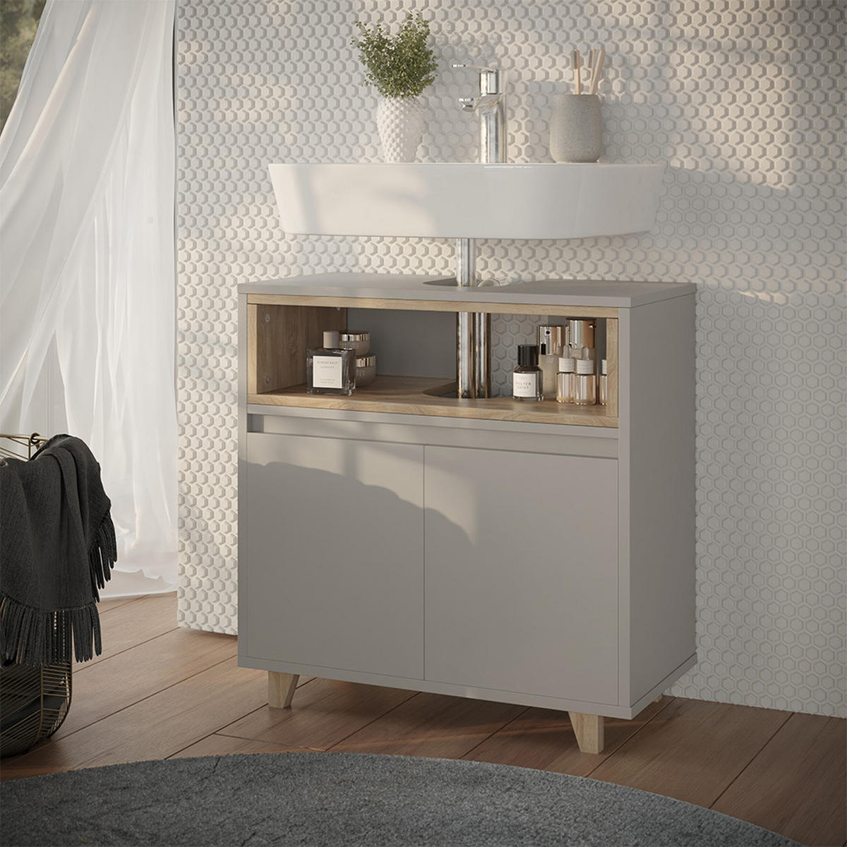 WASCHBECKENUNTERSCHRANK Elnor Greige/Eiche 60 x 61 cm mit 2 Türen - Greige/Eichefarben, Holzwerkstoff (60/61/30cm) - Vicco