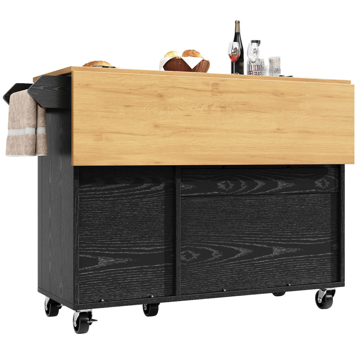 KÜCHENINSEL 130cm Küchenwagen Ausziehbar Weiß Schwarz - Schwarz, Holzwerkstoff (130/92/45cm) - FLIEKS