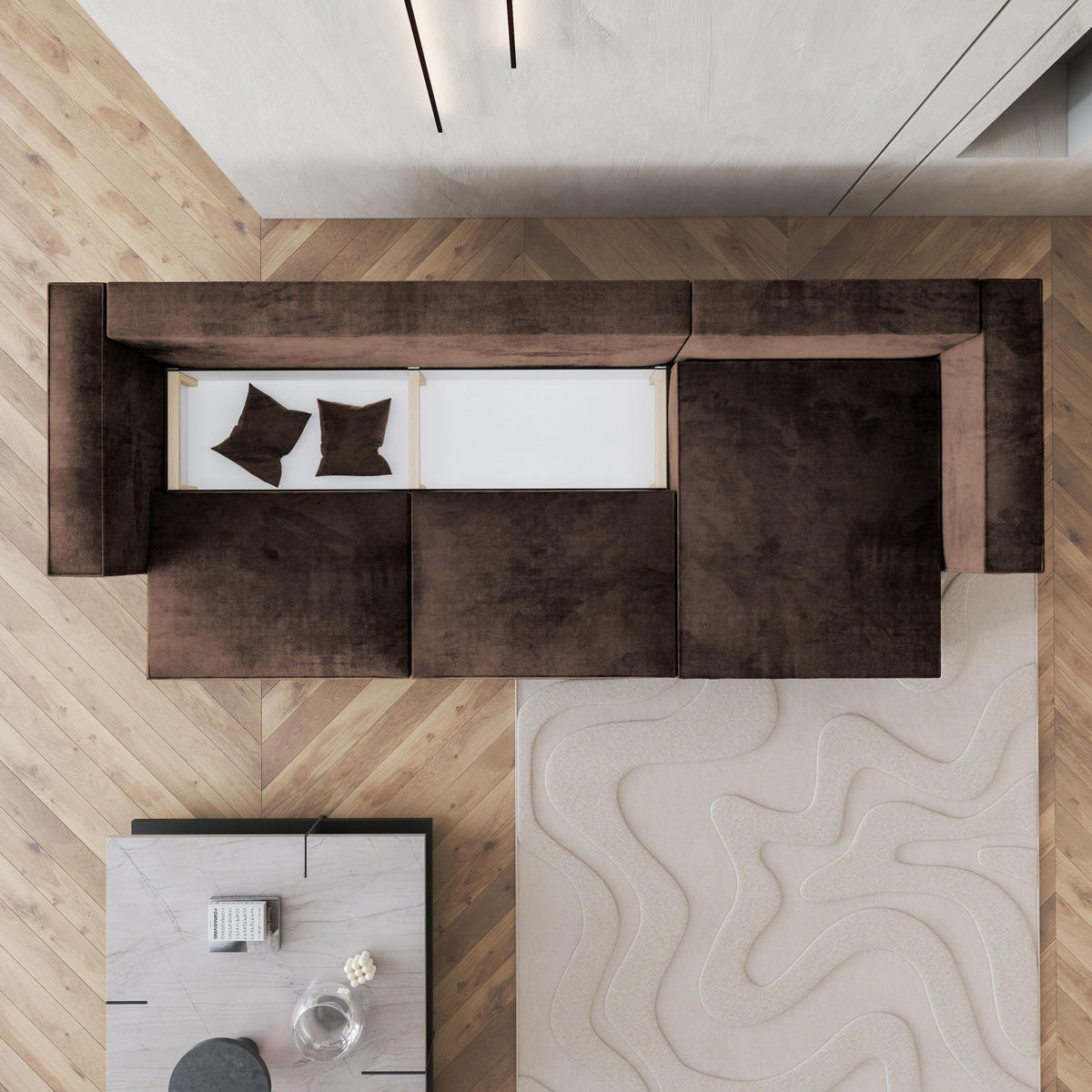 ECKSOFA TOLMO M Braun Velours-Stoff mit Schlaffunktion - Braun, Holz (347/148cm) - MASSENO