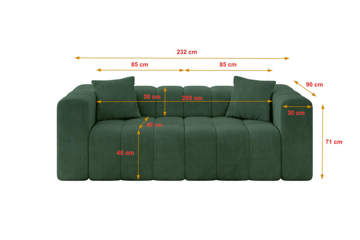 POHOVKA 2-MÍSTNÁ DONY-2 232x90x71 cm Zelená Manšestr - černá/zelená barva, kompozitní dřevo/textil (232/71/90cm) - ALTDECOR
