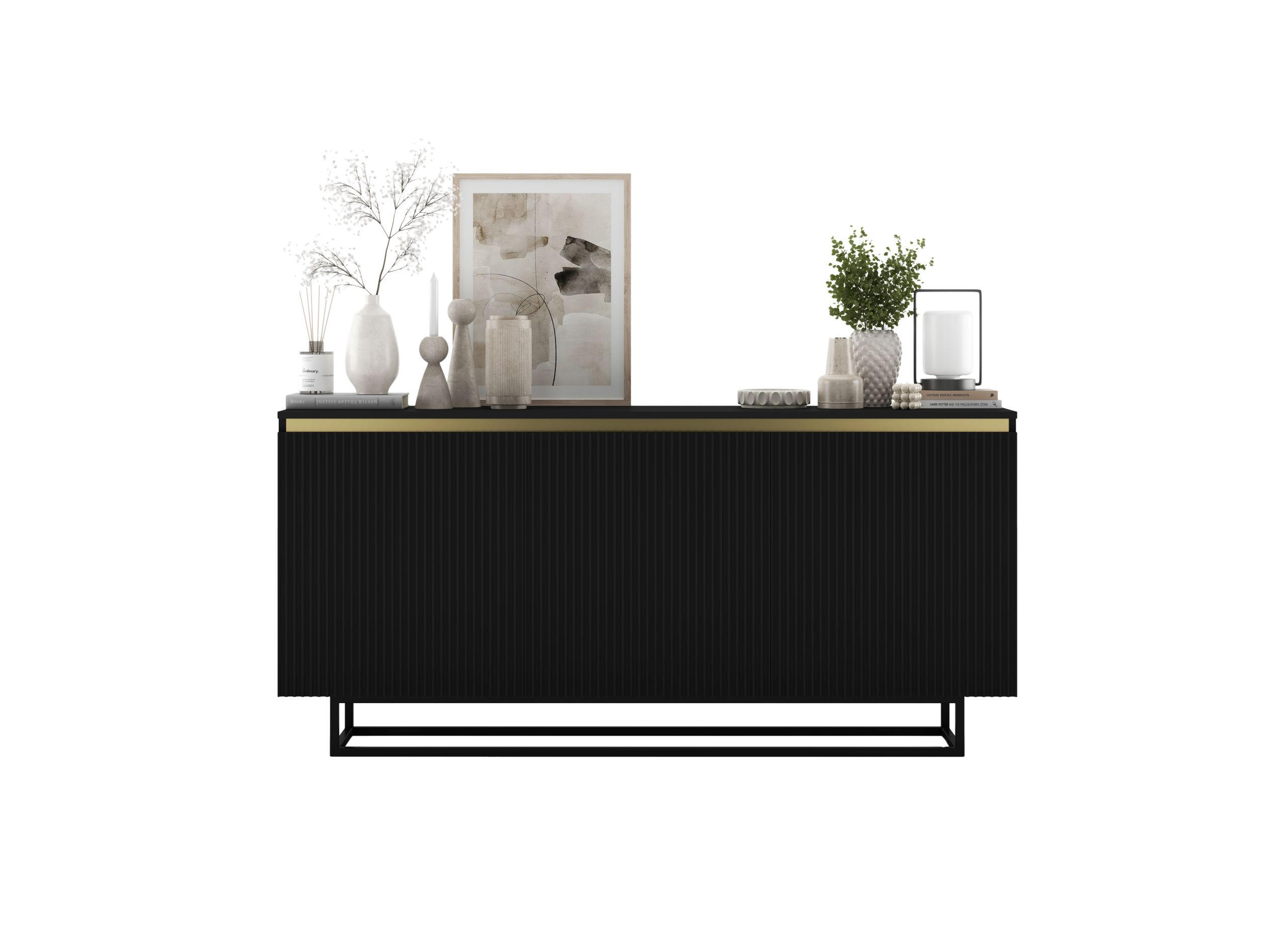 SIDEBOARD Selene 3D Schwarz Matt mit metallrahmen Glamour 167 cm - Schwarz, Holzwerkstoff/Metall (167/79/35cm) - Meble Lindner