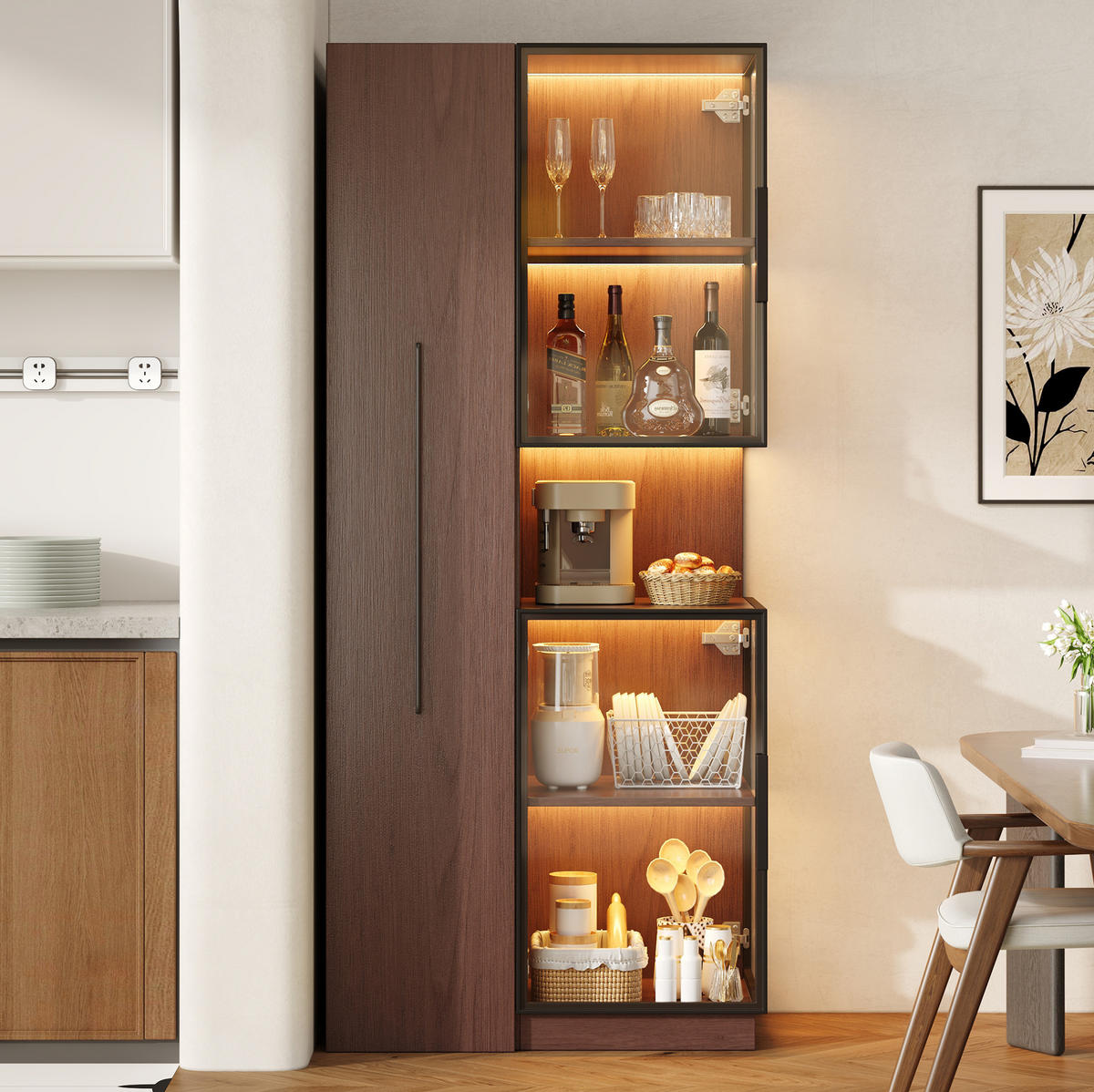 VITRINE aus MDF & Glas 70x38x160cm in Walnussfarben mit LED - Walnussfarben, Holzwerkstoff (70/160/38cm) - Modfu