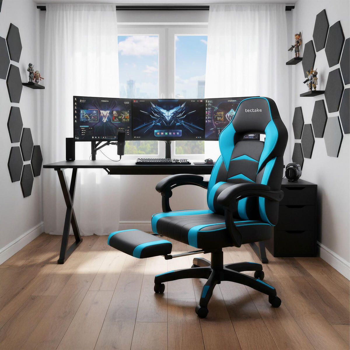 BÜROSTUHL Racing Comodo, Belastbarkeit 120 kg,schwarz/azur - Schwarz/Hellblau, Textil (70/127.5/69cm) - tectake