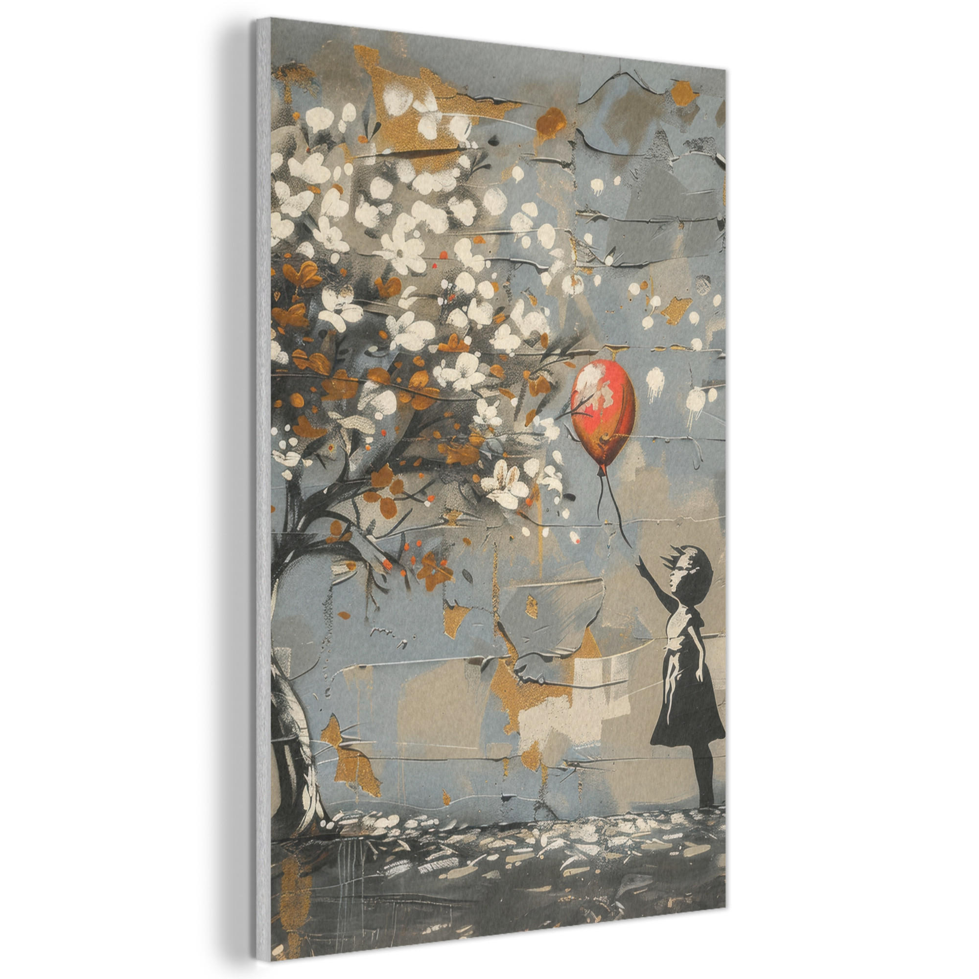 AKUSTIKBILD Baum - Graffiti - Banksy-Stil - Ballon-Mädchen Wanddeko 60x90 cm - Blaugrau, Kunststoff (60/90/0.9cm) - MuchoWow