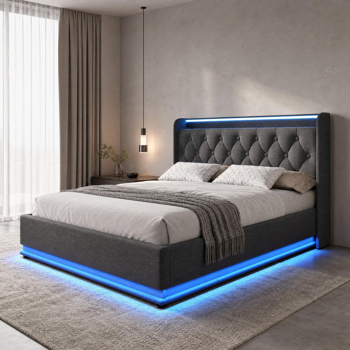 ČALOUNĚNÁ POSTEL 180 × 200 cm v šedém lnu s úložným prostorem, LED osvětlením a USB/USB-C - šedá, kov/kompozitní dřevo (180/200cm) - WISHDOR