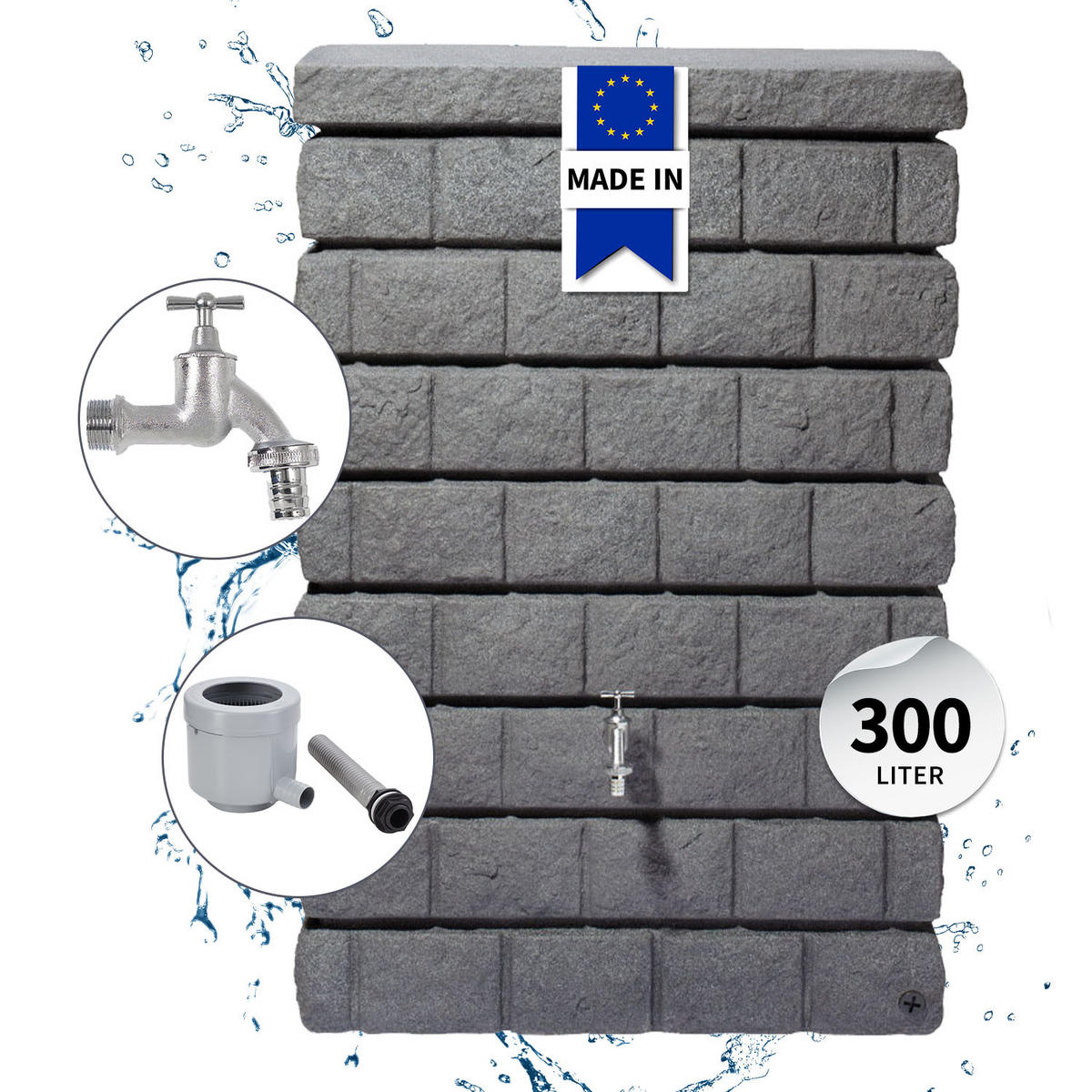 JUNIOR Wandtank Komplett-Set 300 L dark e inkl. Chrom-Auslaufhahn und Fallrohranschluss - Grau, Kunststoff (40/118/80cm) - GARANTIA