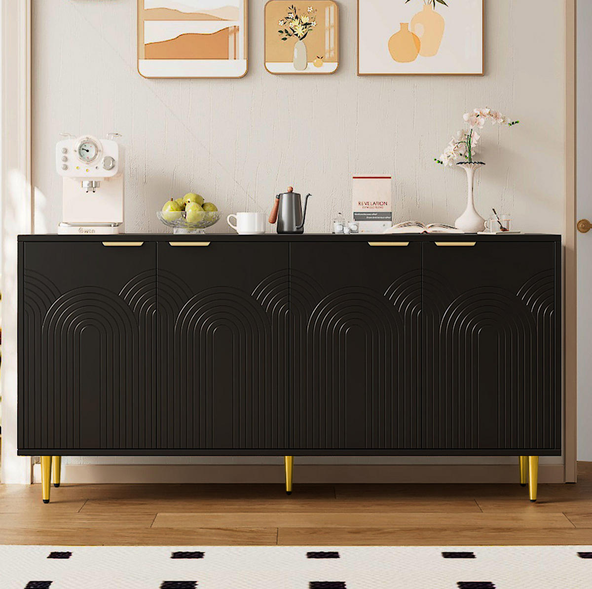SIDEBOARD aus MDF und Spanplatte 160x40x80 cm Schwarz mit 4 Türen, verstellbaren Einlegeböden und Sanftschließfunktion - Schwarz, Holzwerkstoff (160/80/40cm) - Modfu