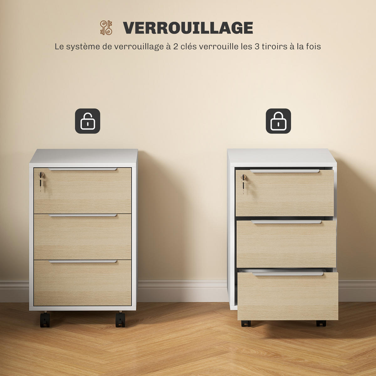 ROLLCONTAINER DE-14471 3 Schubladen abschließbar Eiche - Eichefarben, Holzwerkstoff (40/63.5/40cm) - ComfortXL