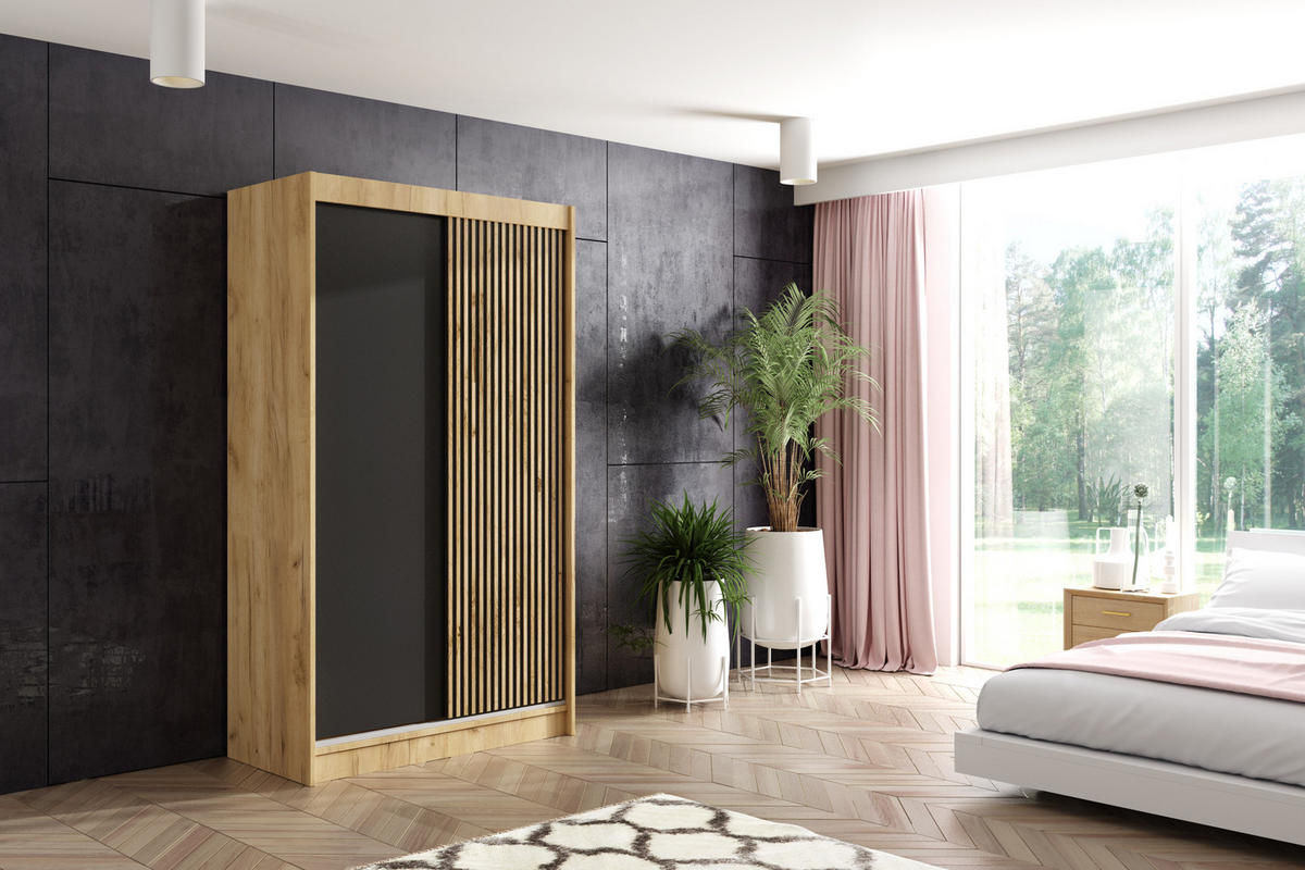 KLEIDERSCHRANK VILAN mit Lamel/LED - 120 cm - Eichefarben|Eiche Wotan - Eichefarben/Eiche Wotan, Holzwerkstoff (120/215/61cm) - ALTDECOR