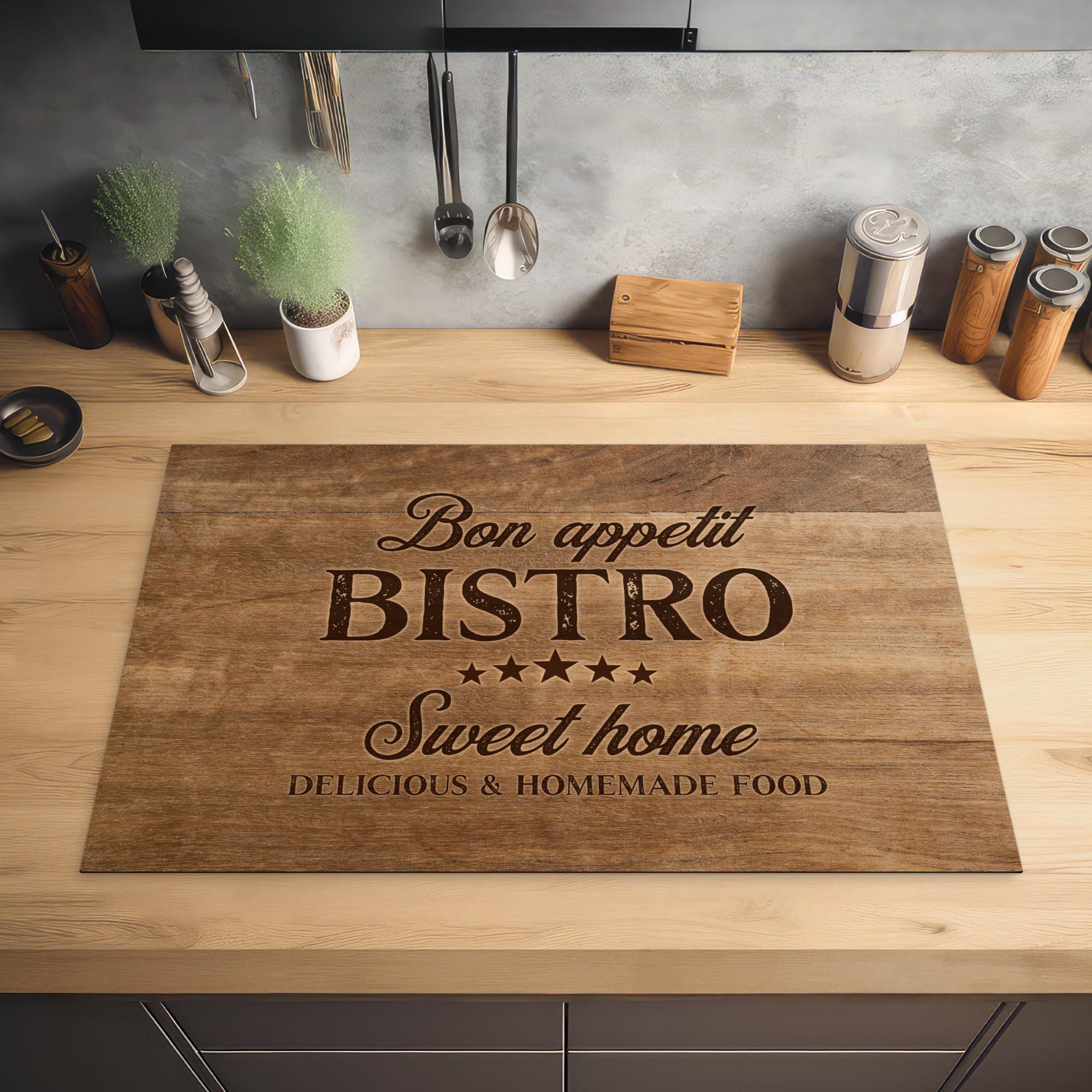 HERDABDECKPLATTE Zitat - Bistro - Guten Appetit - Süßes Zuhause - Holzmaserung 81x52 cm - Braun, Kunststoff (81.2/0.2/52cm) - MuchoWow