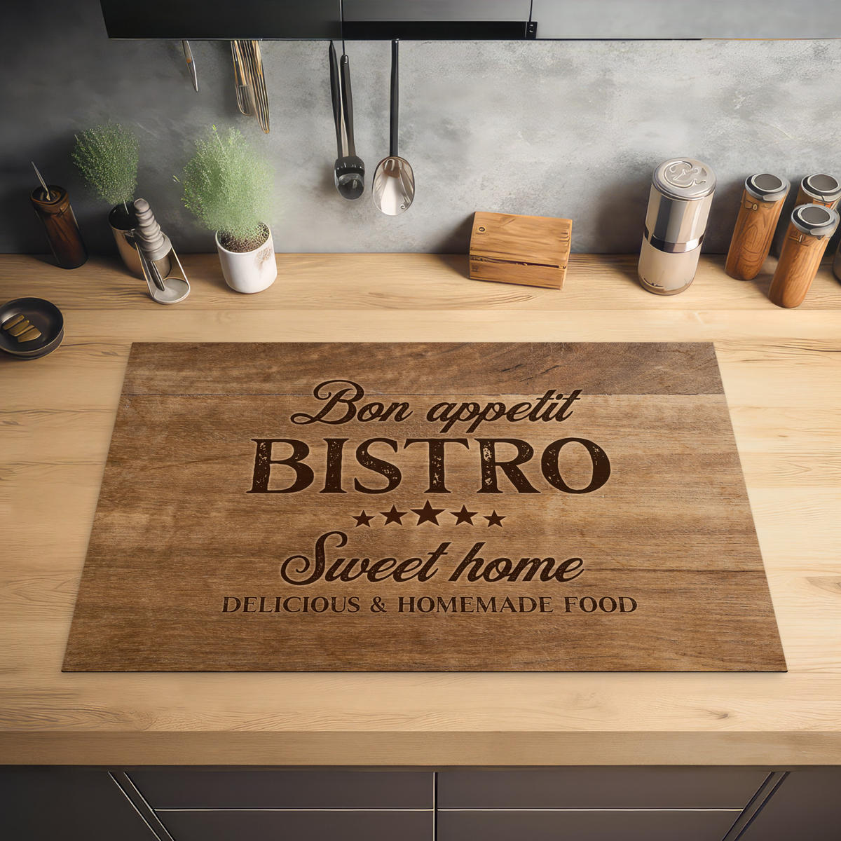 HERDABDECKPLATTE Zitat - Bistro - Guten Appetit - Süßes Zuhause - Holzmaserung 81x52 cm - Braun, Kunststoff (81.2/0.2/52cm) - MuchoWow