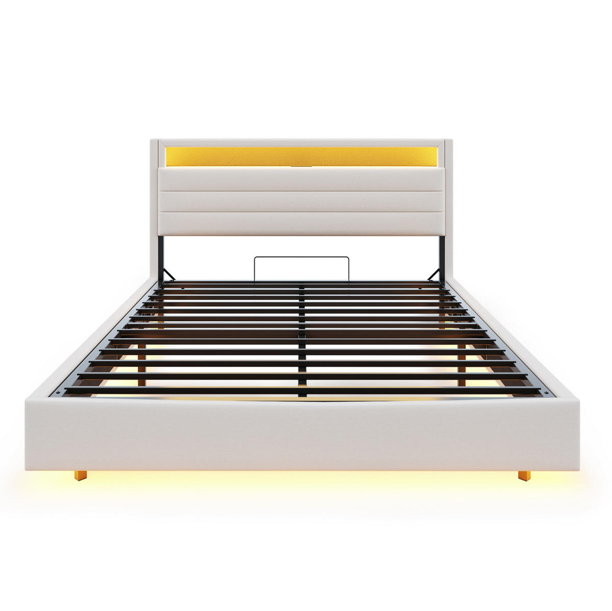 POLSTERBETT mit Stauraum, USB und LED 140x200 cm Leinen Beige - Beige, Metall (140/200cm) - Meubliv