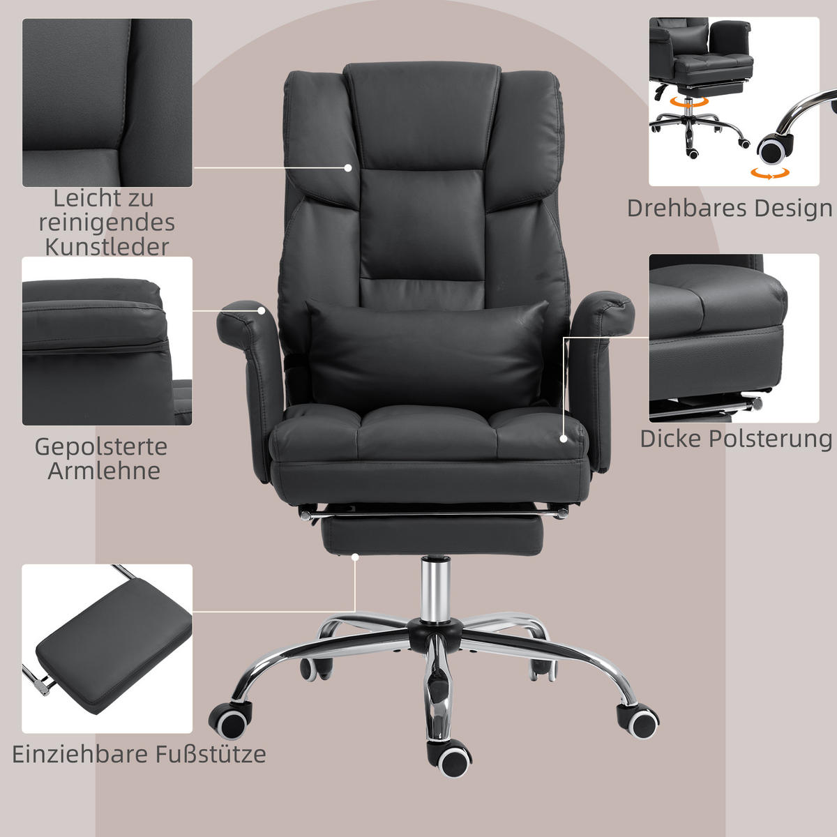 BÜROSTUHL, Ergonomisch Schreibtischstuhl mit Liegefunktion, Lendenkissen Schwarz - Chromfarben/Schwarz, Kunststoff/Metall (65/115/69cm) - HOMCOM