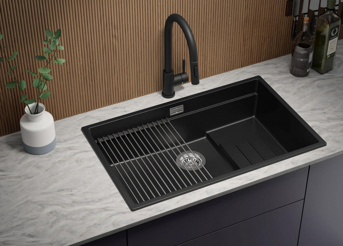 SPÜLBECKEN Praga Slim, 2-er set Schwarz Metallic 76/47 cm 1 Becken + Ablauf-Set + Aufrollbare Abtropffläche ab 80er Unterschrank - Chromfarben/Schwarz Hochglanz, Kunststoff (76/20/47cm) - Primagran