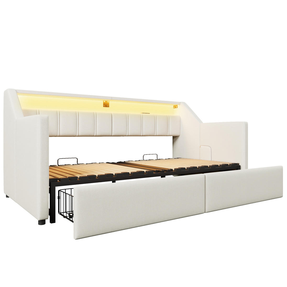 BETT aus Leinen 90x200 cm Beige mit USB, Typ-C, LED-Leiste und Ausziehfunktion - Beige, Textil (90/200cm) - Modfu