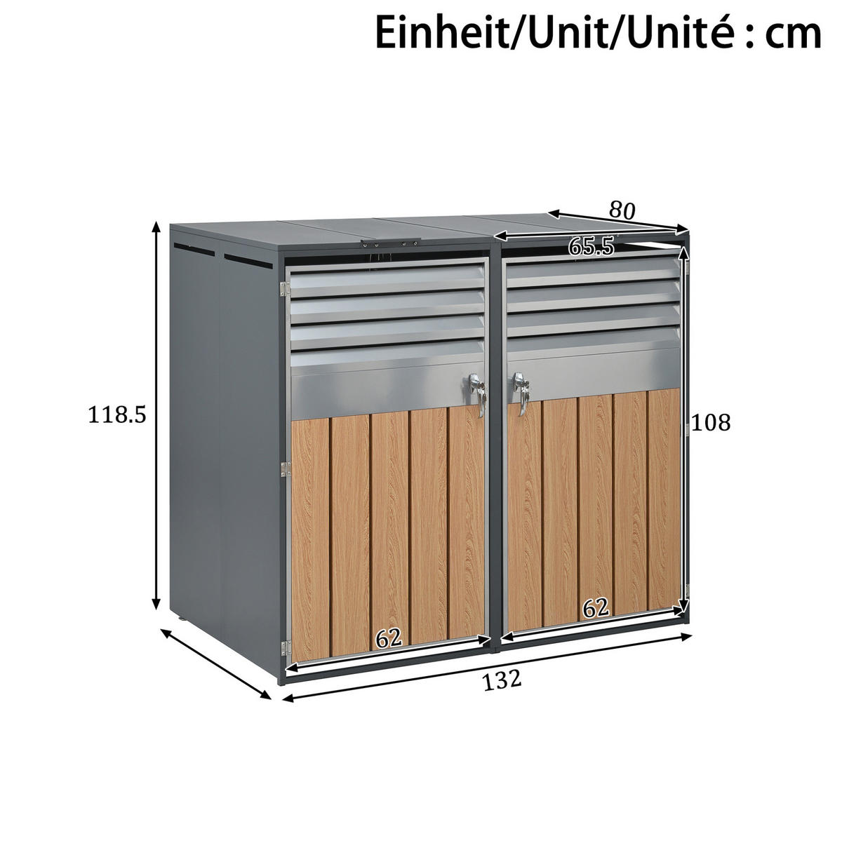 BOX na popelnice z oceli 264x80x118 cm šedo-dřevěný se 4 oddíly, hydraulickým víkem, větráním a zámkem - šedá, kov (264/118.5/80cm) - Modfu