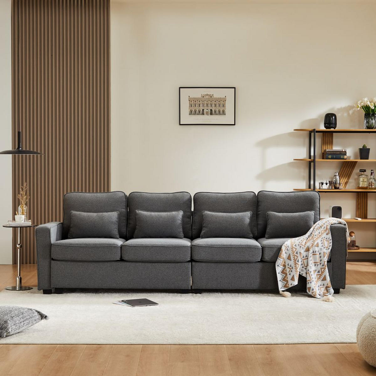 VIERSITZER-SOFA in Dunkelgrau Leinen mit 4 Kissen - Dunkelgrau, Textil (83/87/264cm) - KOMHTOM
