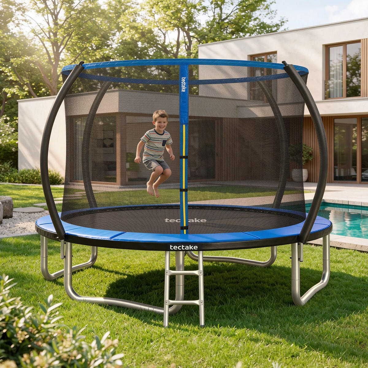 TRAMPOLIN Jumpy, inklusive Einstiegsleiter, schwarz/blau - Blau/Schwarz, Metall (322/265/322cm) - tectake