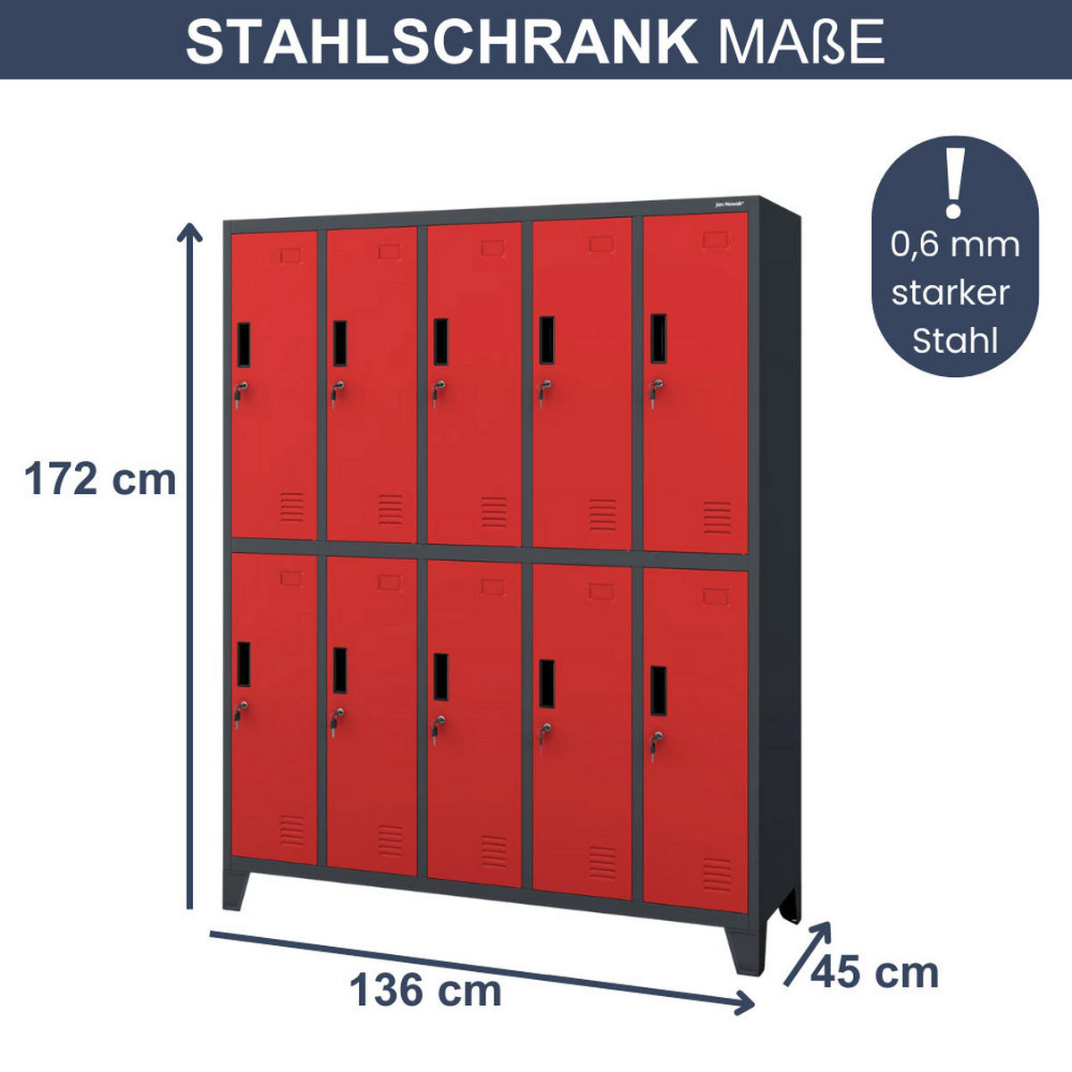 UMKLEIDESCHRANK Spind BERLIN 10 Abteile 172x136x45cm Anthrazit-Rot - Anthrazit, Metall (136/172/45cm) - DELUKE