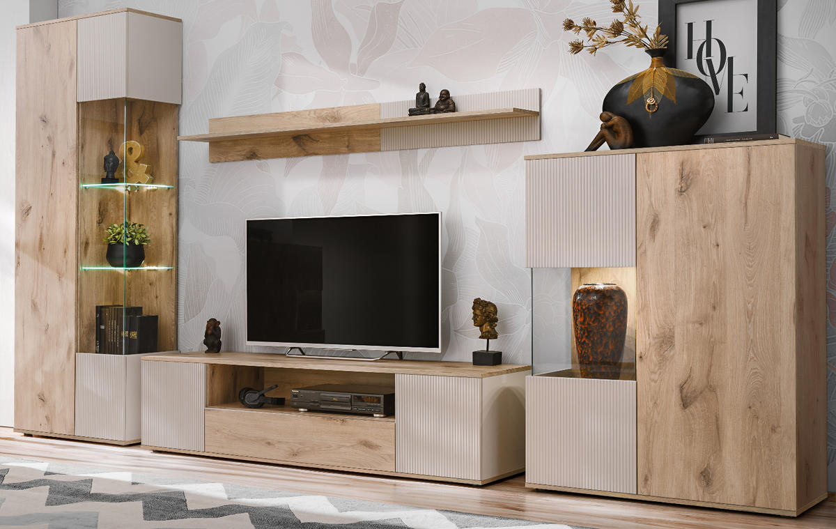 WOHNWAND Eiche, Kaschmir 4-teilig 350 cm, Schrankwand inklusive Beleuchtung - Kaschmir/Eichefarben, Glas/Holzwerkstoff (350/197/45cm) - Inn.Furn