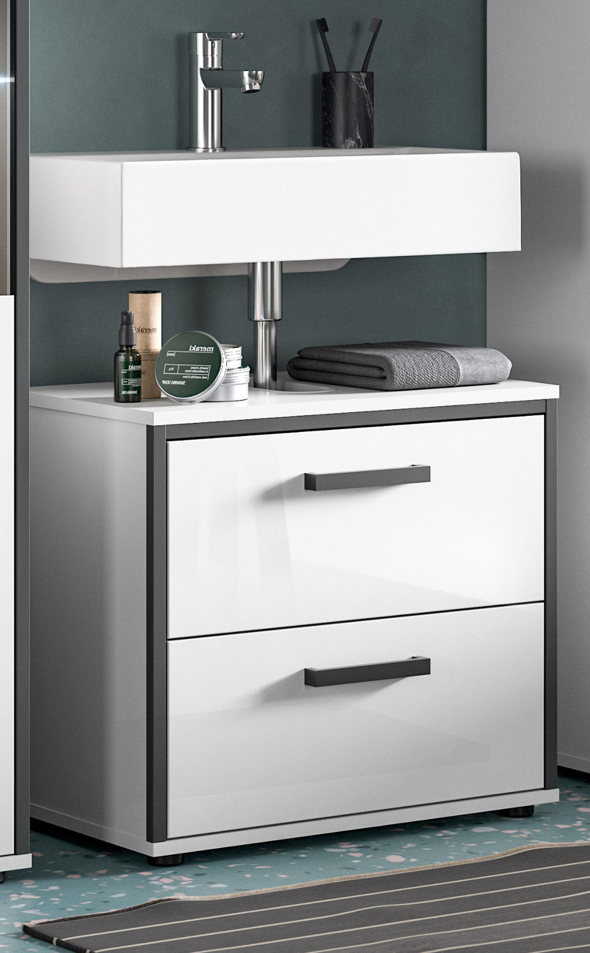 WASCHBECKENUNTERSCHRANK weiß Hochglanz, grau 60 cm, Unterschrank mit Schubkästen - Weiß Hochglanz/Schwarz, Holzwerkstoff/Kunststoff (60/55/37.5cm) - Inn.Furn