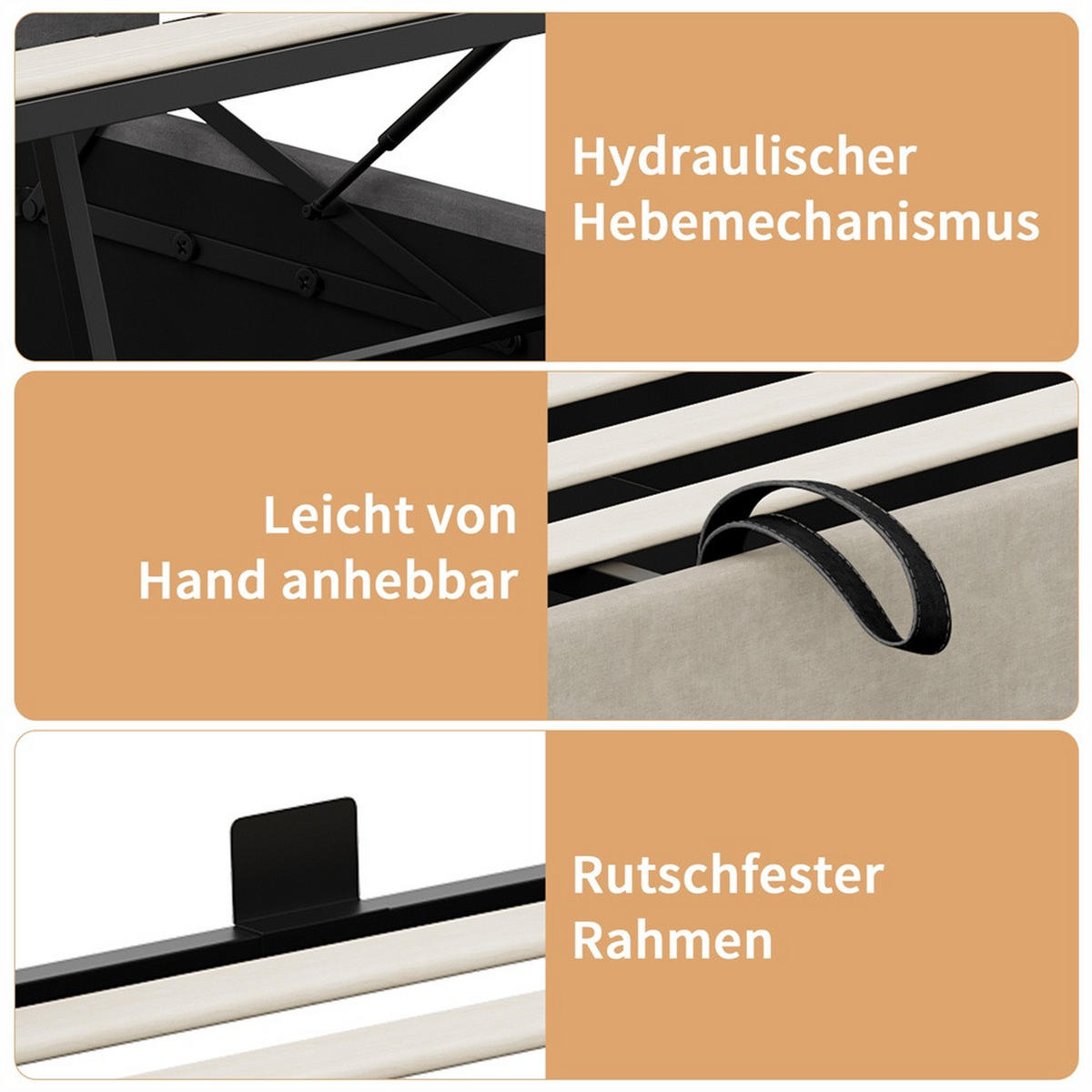 POLSTERBETT 160x200cm mit USB- & Type-C Ladeanschluss -Hydraulik-Stauraum und LED-Beleuchtung - Beige - Beige, Textil (160/200cm) - DELFA