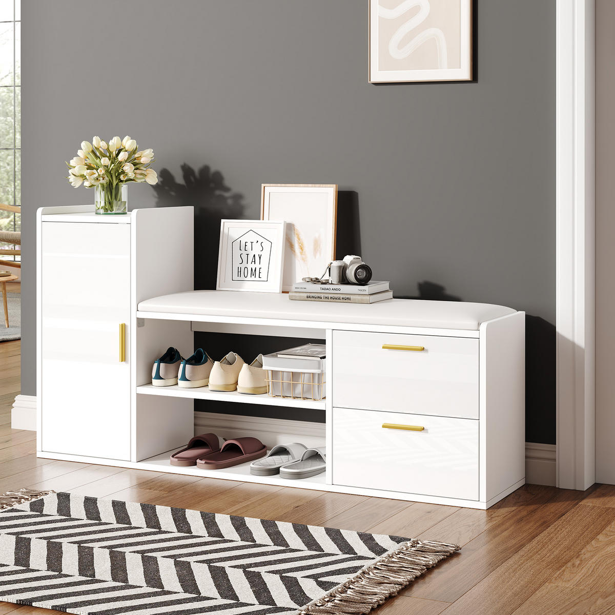SCHUHSCHRANK Weiß Hochglanz 2 Schubladen 128x30x68cm Sitzbank - Weiß, Holzwerkstoff (30/68/128cm) - FLIEKS