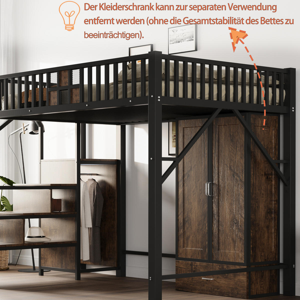 HOCHBETT 140/200 cm aus Metall und Holz mit Kleiderschrank und Schublade, Schwarz - Schwarz, Metall (140/200cm) - OKMYHOME