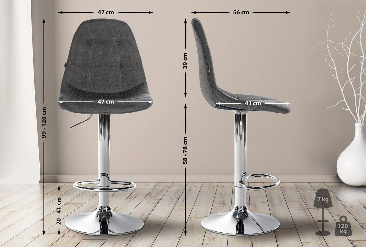 BARHOCKER Elmore 99-120x47x56 cm dunkelgrau - Dunkelgrau, Metall (47/99/56cm) - furnicato
