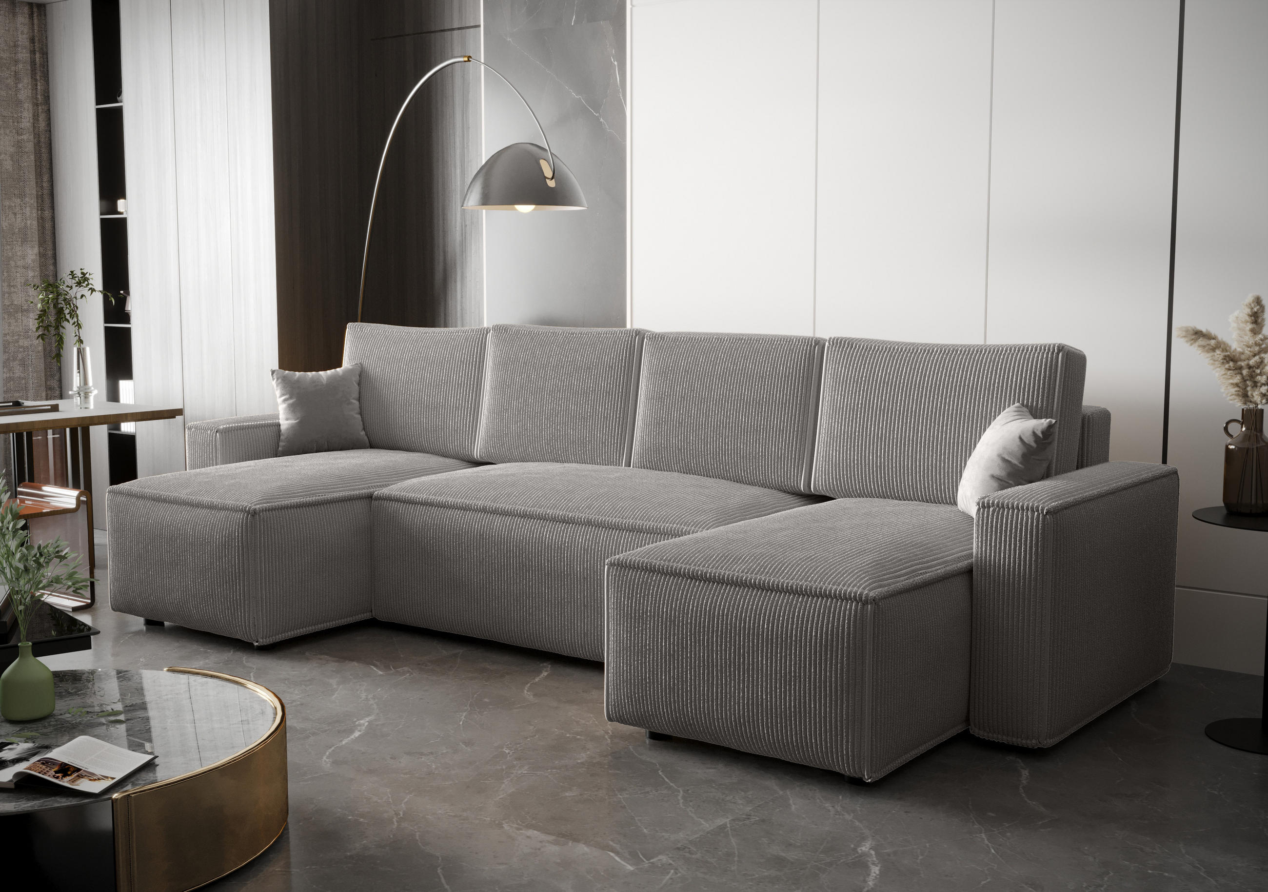 WOHNLANDSCHAFT U AMBRO Poso 55 mit Schlaffunktion U-Form, Sofa mit Stauraum - Hellgrau, Textil (300/85/143cm) - Bedante