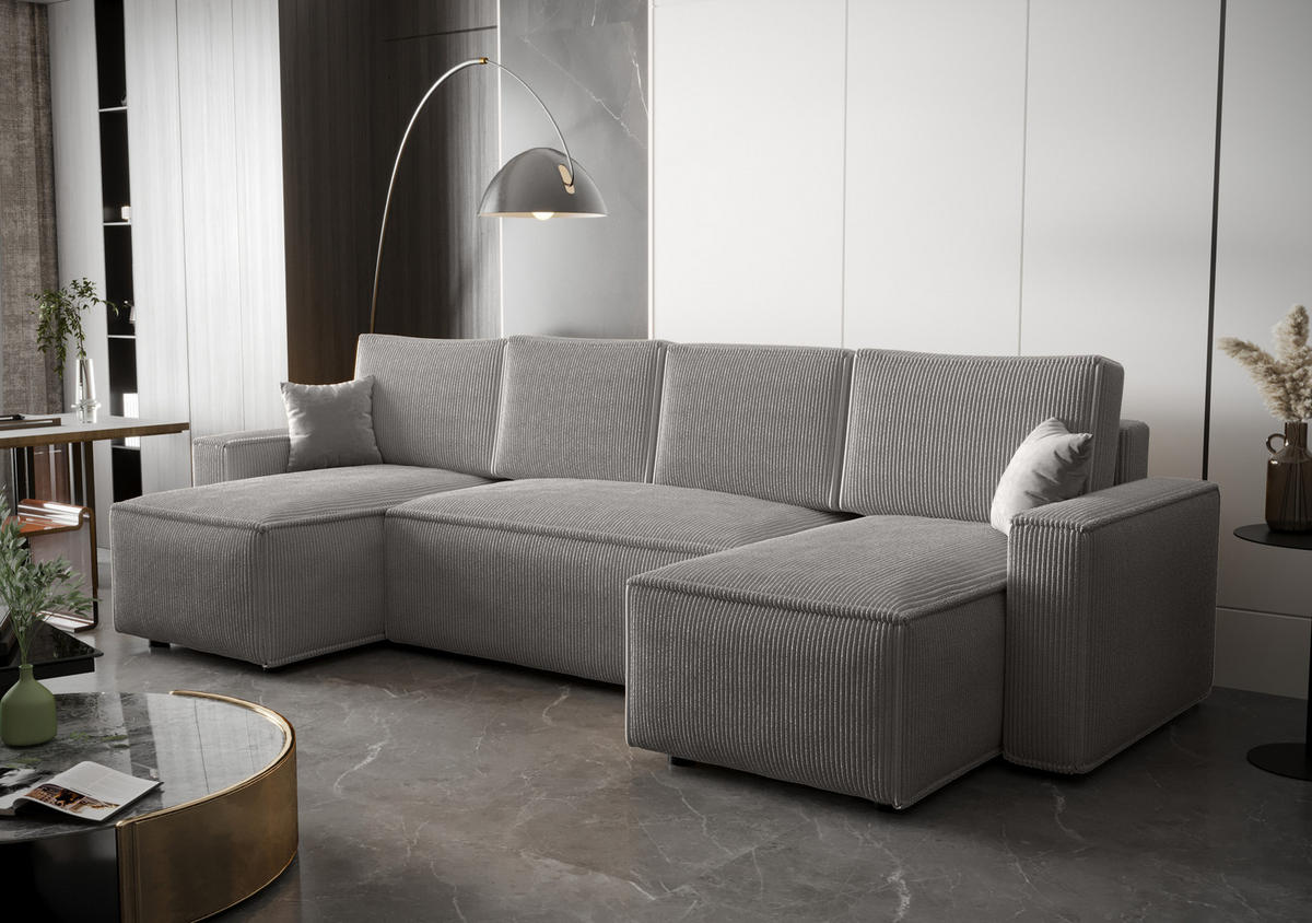 WOHNLANDSCHAFT U AMBRO Poso 55 mit Schlaffunktion U-Form, Sofa mit Stauraum - Hellgrau, Textil (300/85/143cm) - Bedante