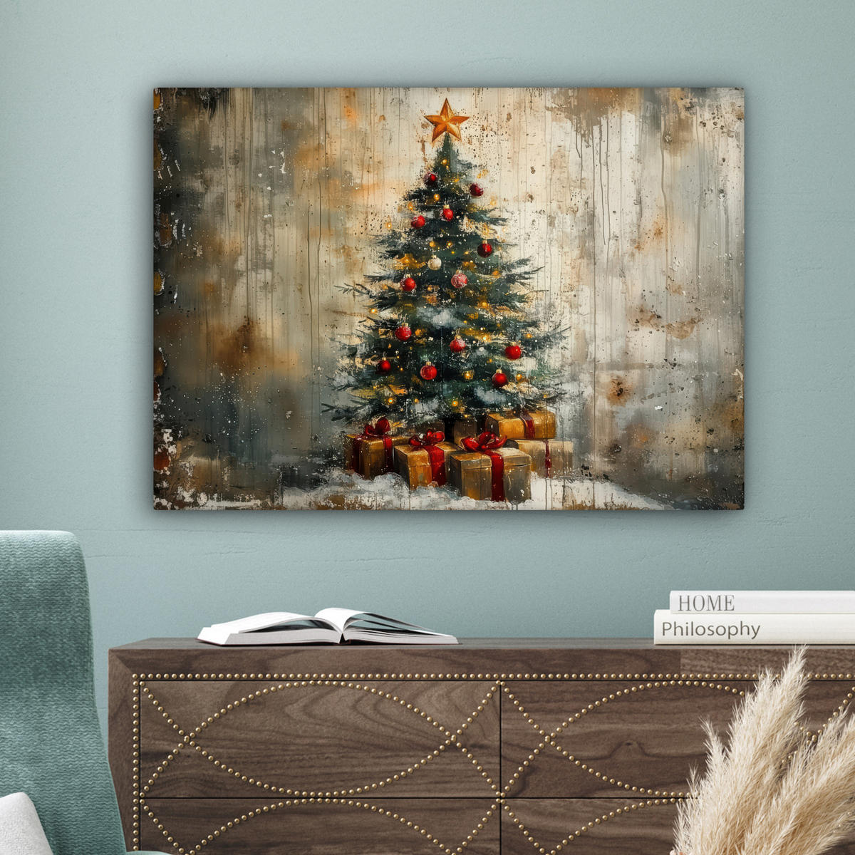 LEINWANDBILD Weihnachtsbaum - Vintage - Weihnachten - Geschenk Wandbilder 80x60 cm - Rostfarben, Textil (80/60cm) - MuchoWow