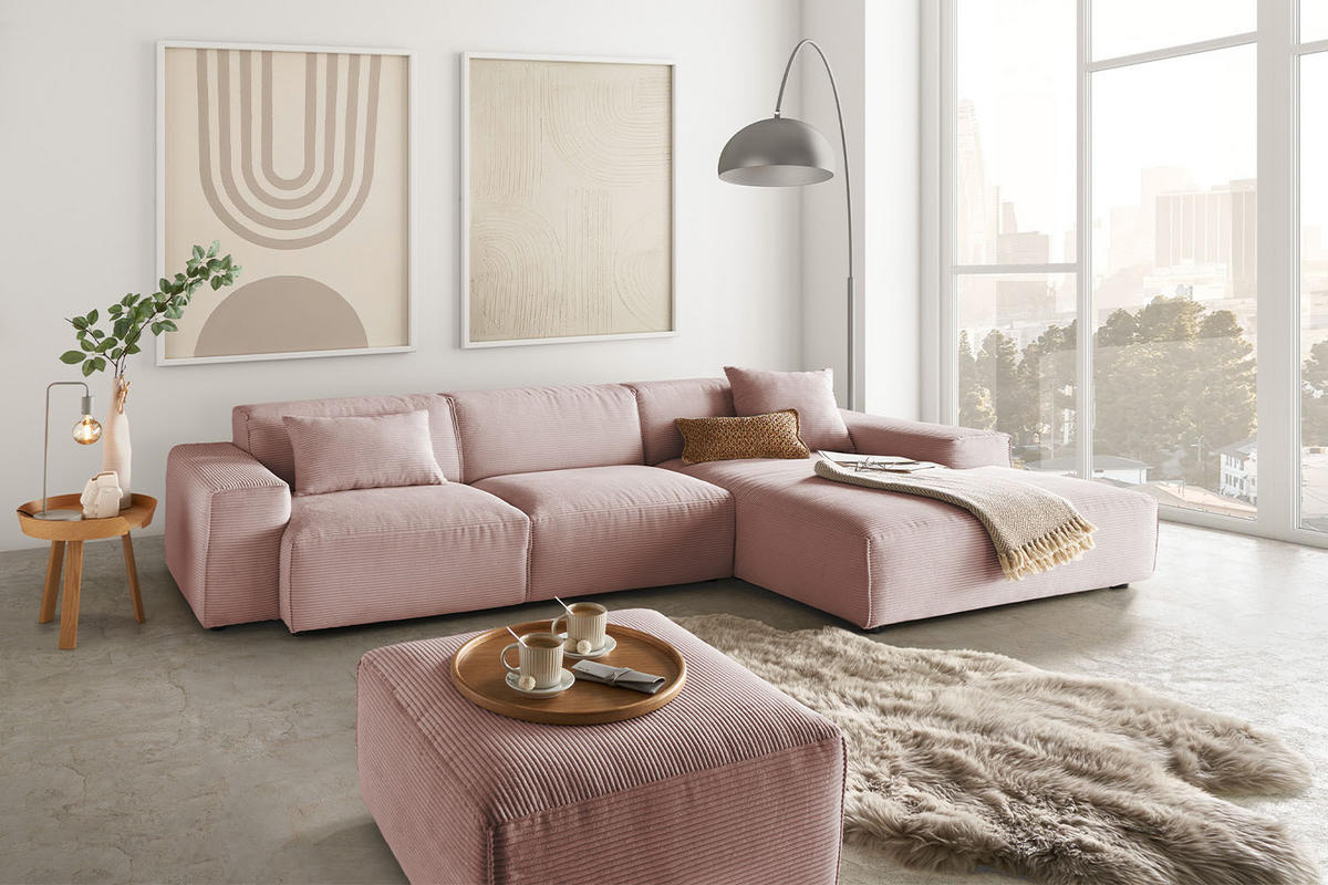 ECKSOFA RANI Pink Cord - Pink/Schwarz, Kunststoff/Textil (299/189cm) - KAWOLA