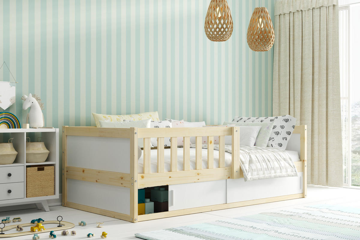 BODENBETT 80x160 cm in Pine ,Montessori Kinderbett mit Stauraum & Rausfallschutz Smart 2 - Naturfarben, Holz (80/160cm) - Interbeds