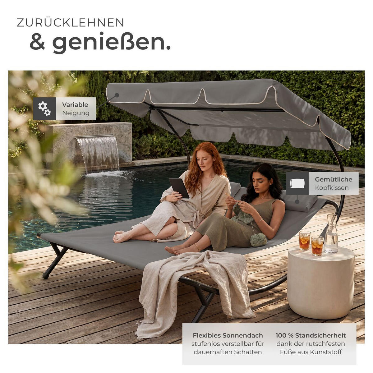 GARTENLIEGE Livorno, 215 x 183 x 150 cm, schwarz/grau - Schwarz/Grau, Kunststoff (185/175/195cm) - tectake