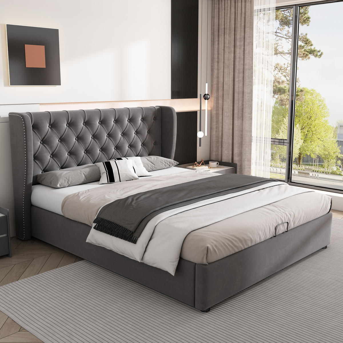 POLSTERBETT 140/190 cm mit hydraulischem Bettkasten, Samtbezug und Nieten-Design, Grau - Grau, Textil (140/190cm) - Redom