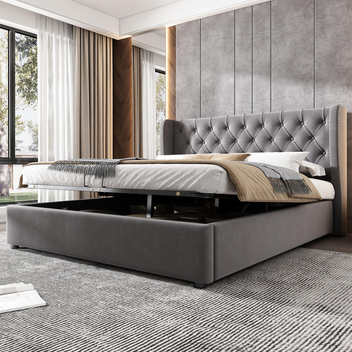 SAMT-POLSTERBETT 140/190 cm mit Bettkasten und gepolstertem Kopfteil in Grau - Grau, Textil (140/190cm) - BEAOK