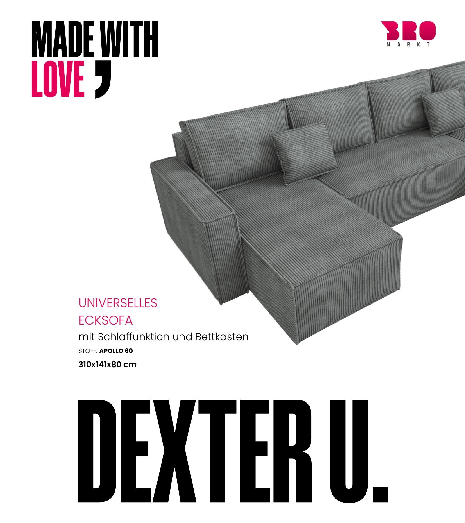 WOHNLANDSCHAFT Dexter U mit Schlaffunktion Grau Cord - Grau, Textil (310/80/141cm) - Bromarkt