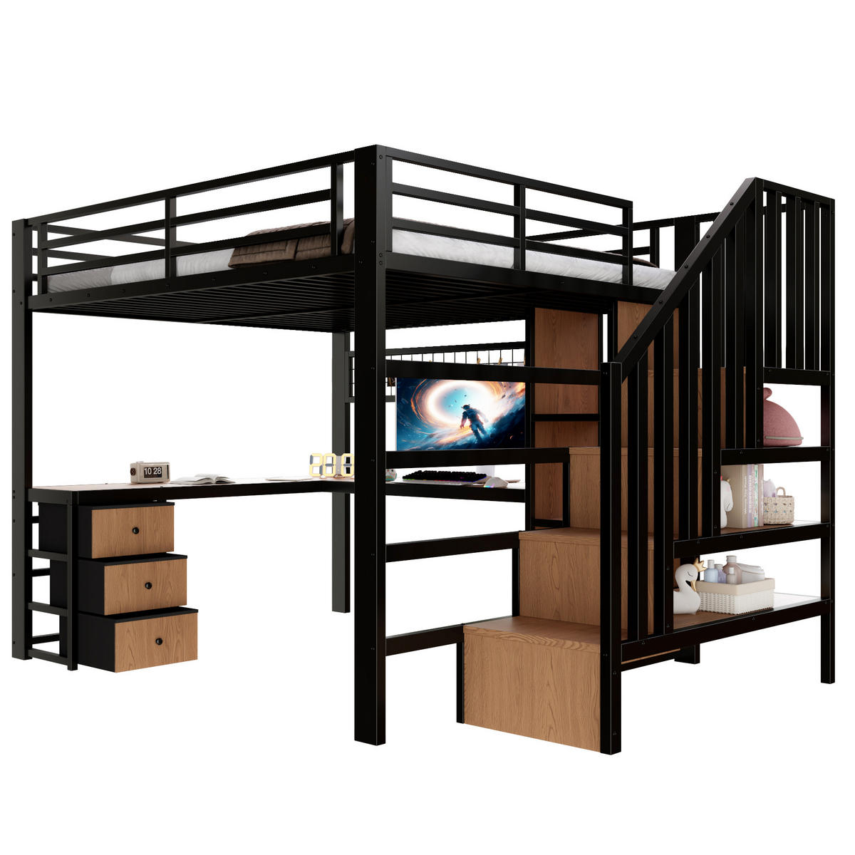 HOCHBETT 140/200 cm in Schwarz mit 4 Schubladen, LED, Schreibtisch und Ablage Metall Kinderbett - Schwarz, Holzwerkstoff/Metall (140/200cm) - STILVORA